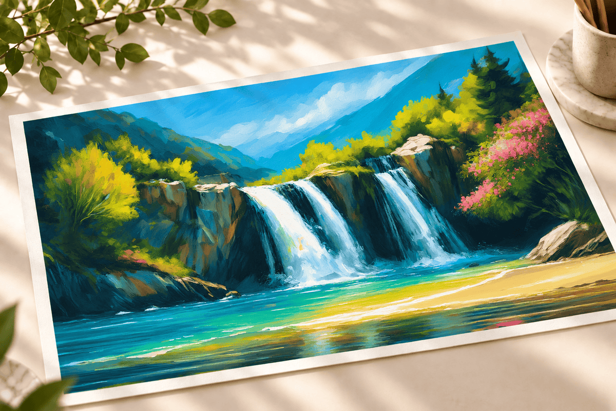 A colorful landscape art print depicting a waterfall cascading into a river, surrounded by lush green trees and pink flowers, styled on a light beige surface with soft shadows.