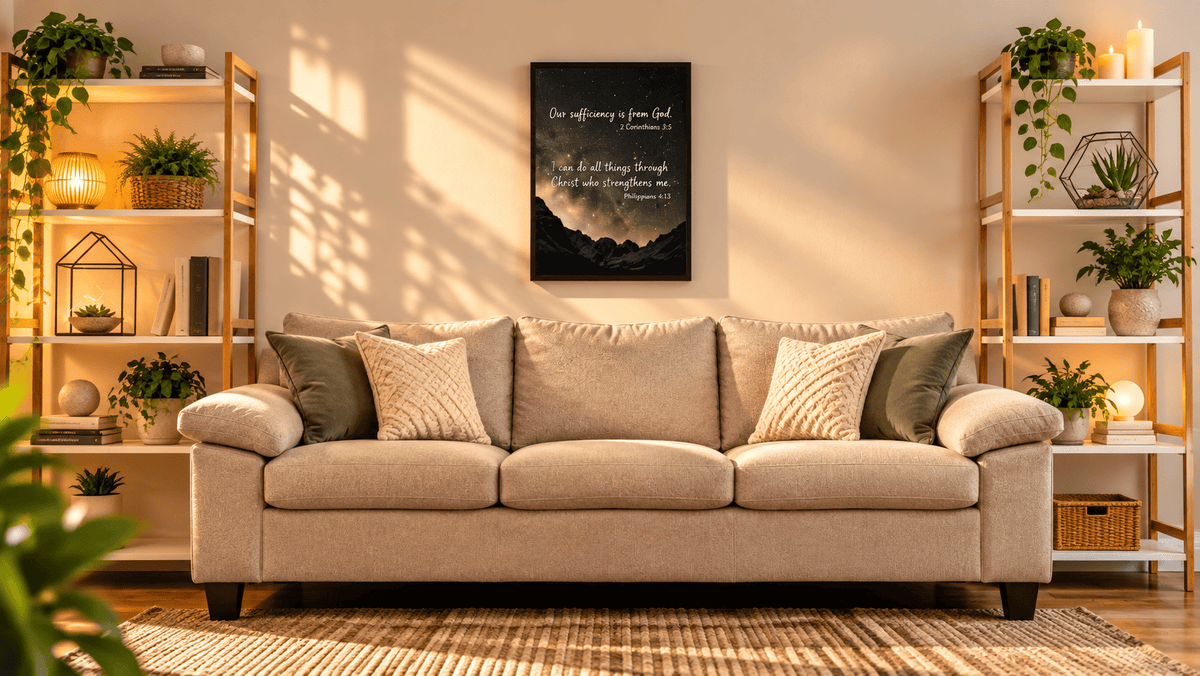 A beige upholstered sofa in a styled living room, flanked by two tall wooden shelving units with plants and decor, beneath a framed wall art print.