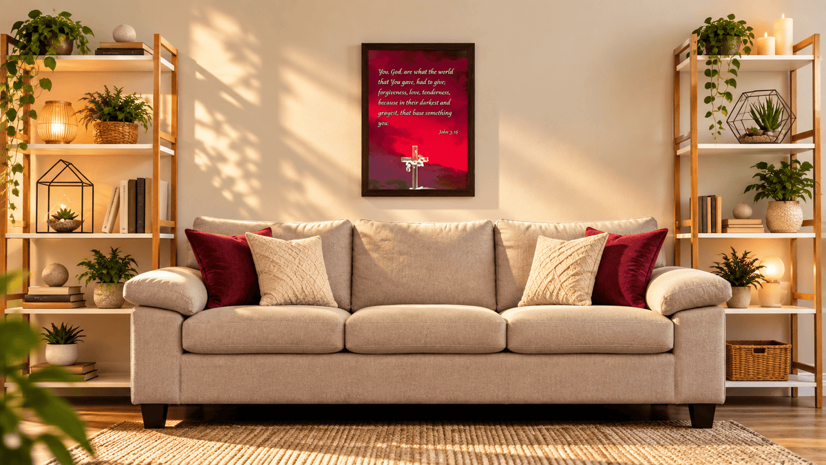 A beige fabric sofa with red and cream throw pillows in a styled living room, featuring a framed red and black art print on the wall above it.
