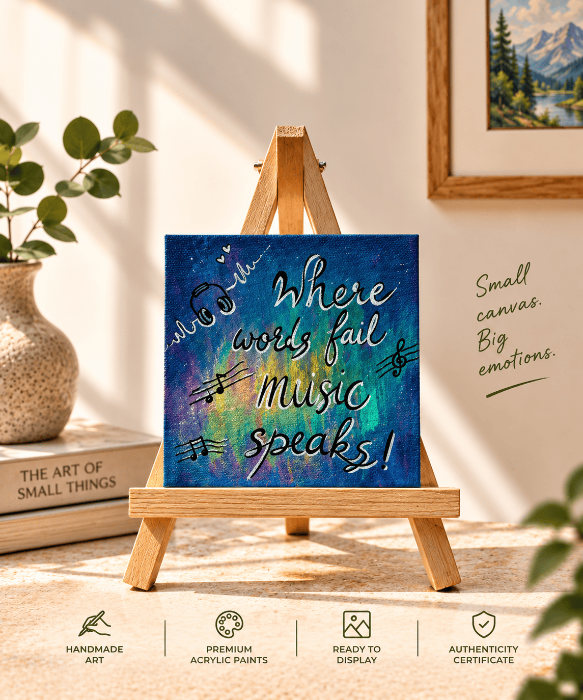 A square acrylic art canvas on a small wooden easel, featuring the quote 'Where words fail music speaks!' in white script over a blue, green, and yellow abstract background. The scene is styled in a warm, sunlit room with a potted plant, books, and framed art in the background, with feature icons along the bottom.