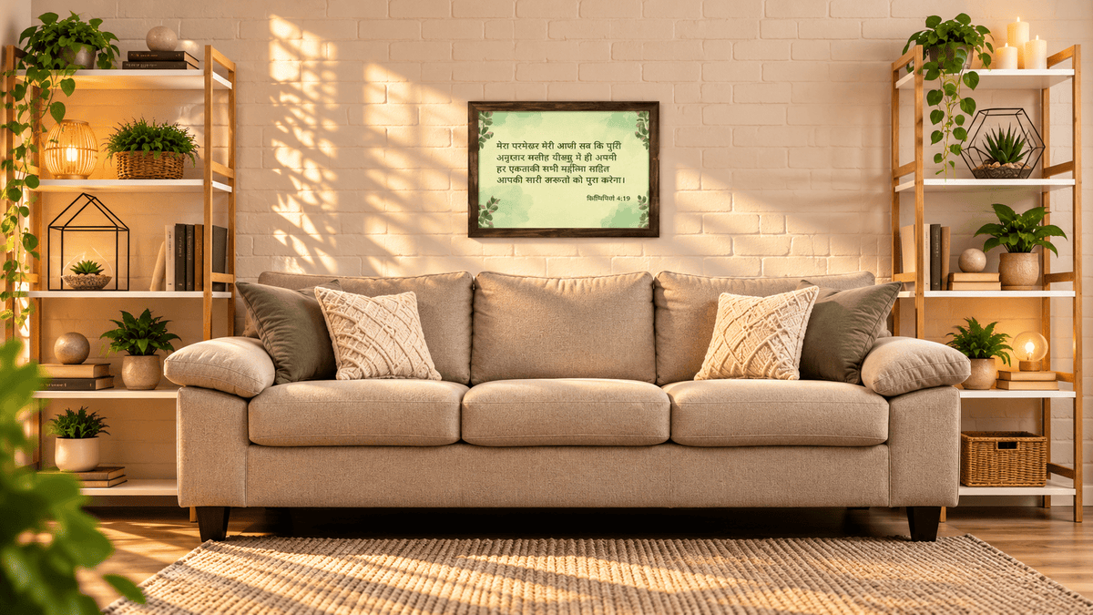 A beige fabric sofa with patterned throw pillows in a styled living room, flanked by wooden shelving with plants and decor, against a white brick wall with a framed print.