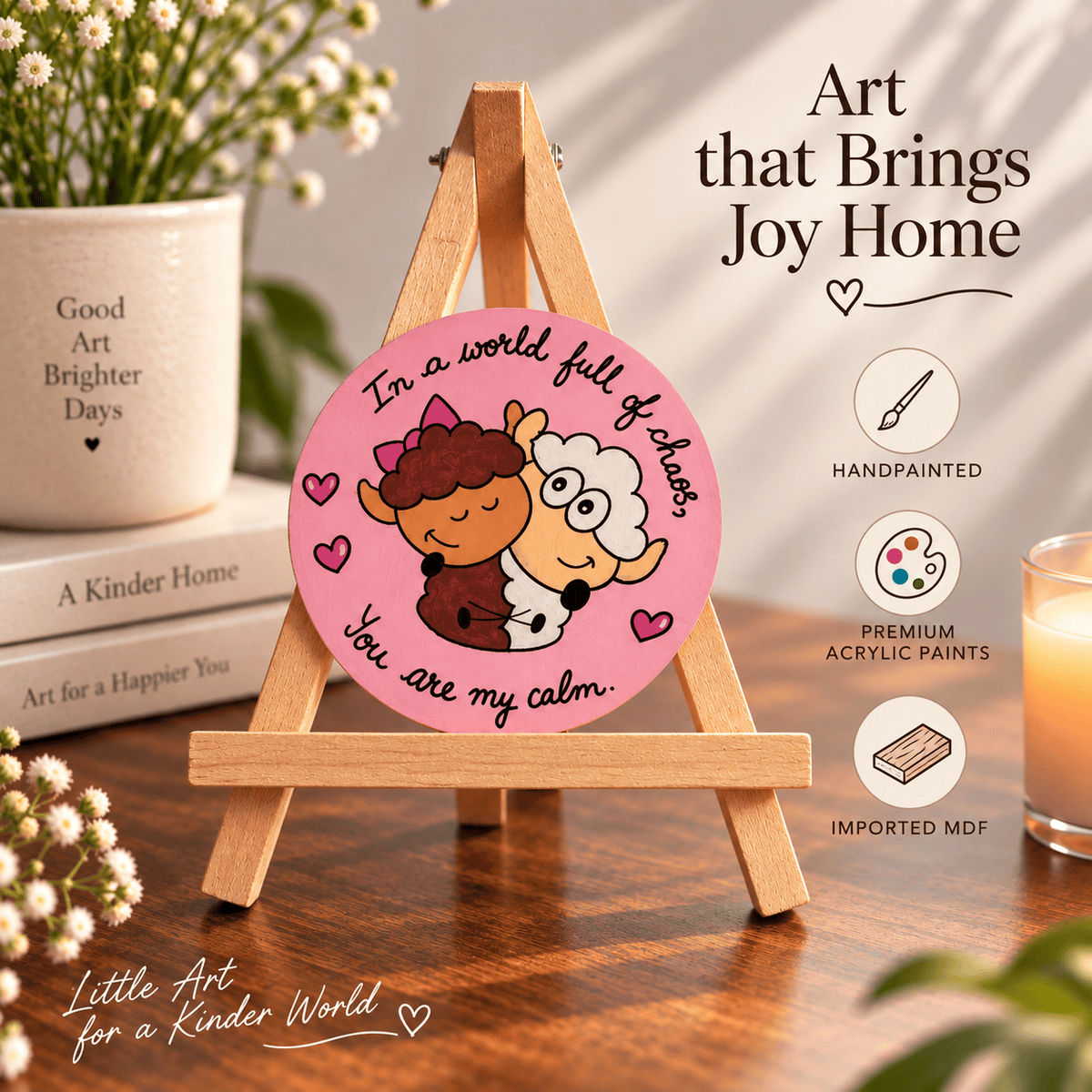 A round acrylic art print featuring a pink background with a cartoon sheep and cat illustration and the text 'In a world full of chaos, You are my calm.' displayed on a small wooden easel.