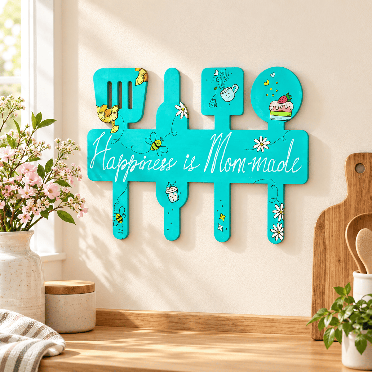 A turquoise kitchen wall sign shaped like utensils with the phrase “Happiness is Mom-made” in white script, decorated with small floral and bee illustrations. The sign is displayed on a wooden countertop in a bright kitchen setting with flowers, a cutting board, and plants.