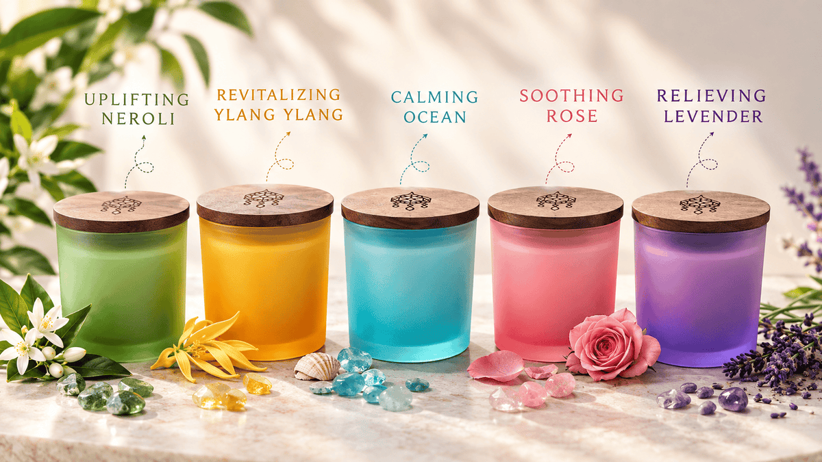 Five scented candles in frosted glass jars with wooden lids are arranged on a marble surface with botanical and spa-themed props. The candles are labeled Uplifting Neroli, Revitalizing Yang Yang, Calming Ocean, Soothing Rose, and Relieving Lavender.