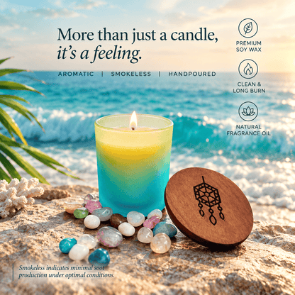 A lit hand-poured soy wax candle in a clear glass jar with a yellow-to-blue gradient, set on a beach with a wooden lid beside it. Text on the image highlights premium soy wax, smokeless formula, clean long burn, and natural fragrance oil.