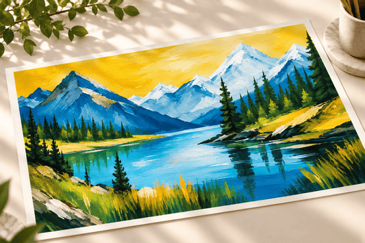 A colorful landscape painting of a mountain lake scene with blue water, green trees, and yellow sky, displayed on a light surface with decorative leaves and a cup nearby.