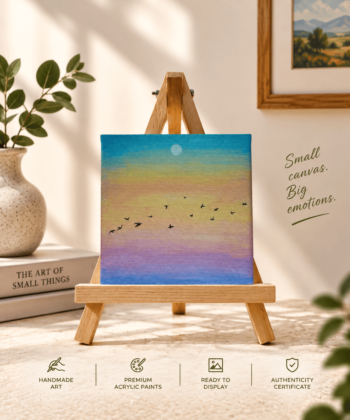 A small square canvas painting on a wooden easel, featuring a pastel sky gradient in blue, yellow, and purple with small black birds flying across it. The scene is styled in a warm indoor setting with a vase of green leaves, a framed print, and decorative text reading 'Small canvas.