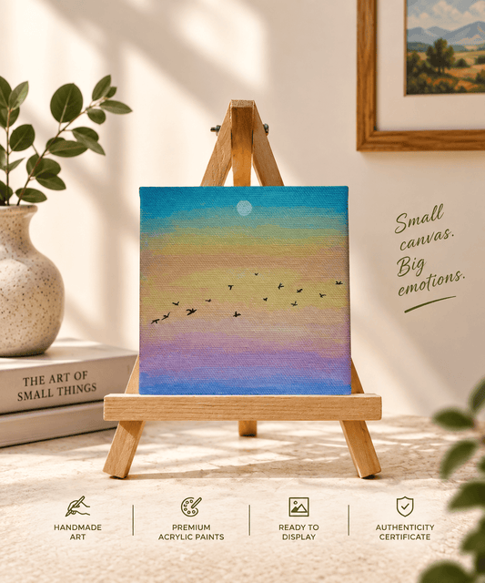 A small square canvas painting on a wooden easel, featuring a pastel sky gradient in blue, yellow, and purple with small black birds flying across it. The scene is styled in a warm indoor setting with a vase of green leaves, a framed print, and decorative text reading 'Small canvas.