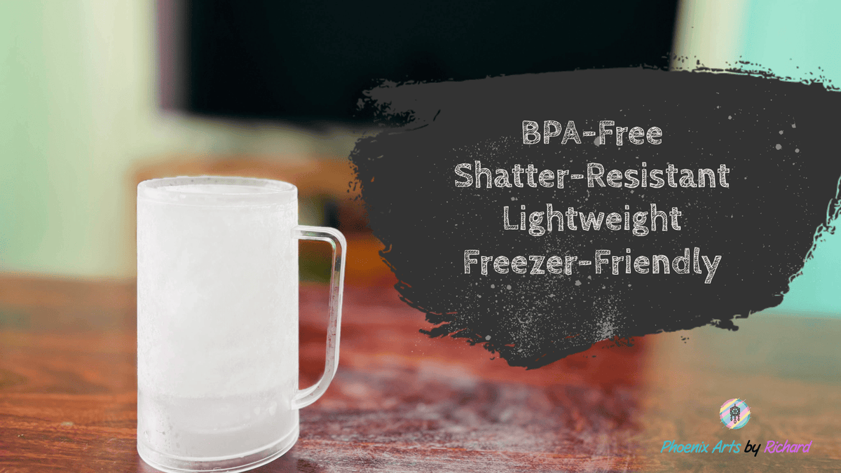 A frosted clear glass mug with a handle sits on a wooden table, next to a dark gray text overlay that reads 'BPA-Free Shatter-Resistant Lightweight Freezer-Friendly'.