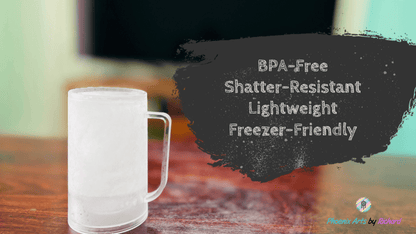 A frosted clear glass mug with a handle sits on a wooden table, next to a dark gray text overlay that reads 'BPA-Free Shatter-Resistant Lightweight Freezer-Friendly'.
