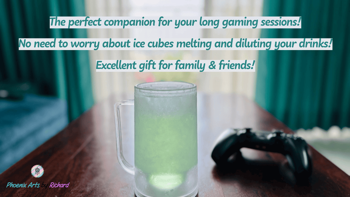 A frosted glass mug filled with a pale green drink sits on a wooden table, with a black game controller beside it and teal curtains in the background. Large promotional text overlays describe it as a perfect gaming companion and an excellent gift for family & friends.