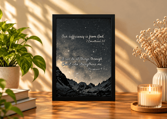 A framed wall art print featuring Bible verses over a starry night sky and mountain landscape, displayed on a wooden table with a plant, books, and a lit candle in a warm indoor setting.