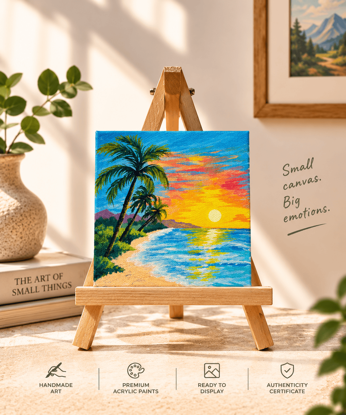 A small square acrylic painting of a tropical beach sunset displayed on a wooden easel. The painting features green palm trees, a sandy beach, blue ocean water, and a bright yellow and orange sun over a blue sky.