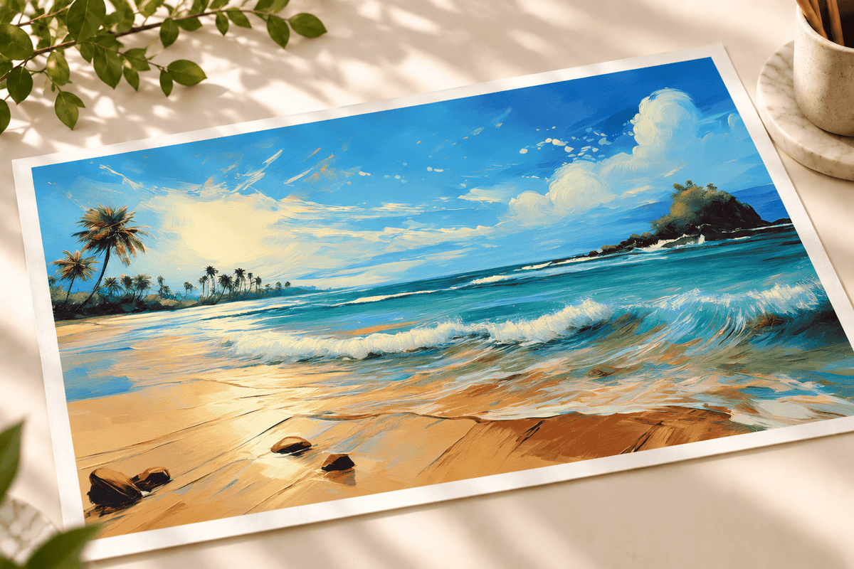 A colorful beach landscape painting or print with blue ocean waves, sandy shore, palm trees, and a rocky island under a bright sky, photographed on a light surface with soft shadows and small plant and cup props around it.
