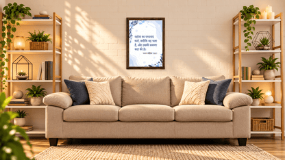 A beige upholstered sofa in a styled living room, flanked by two tall wooden shelving units with plants and decor, beneath a framed wall art print.