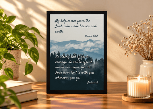 A framed Bible verse print with Psalm 121:2 and Isaiah 41:10 over a mountain landscape background, displayed on a wooden table with a lit candle, dried flowers, and a potted plant.