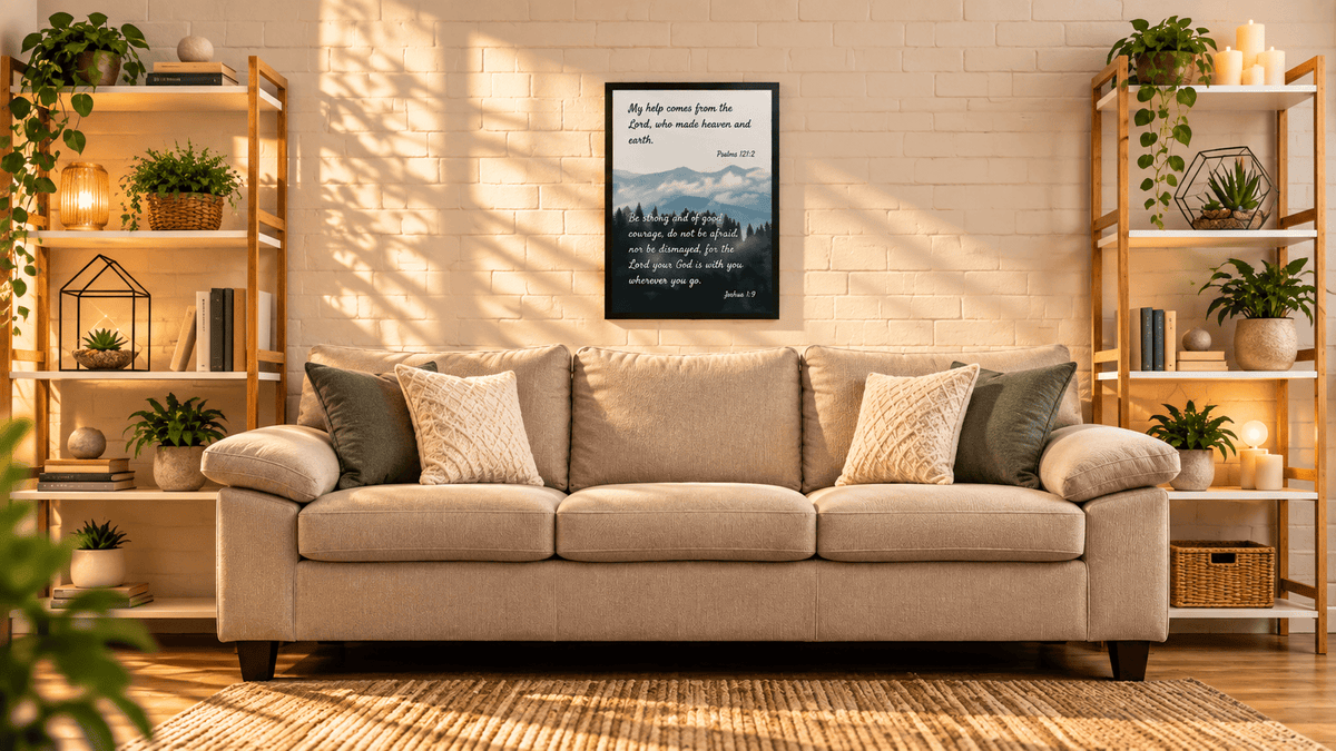 A beige fabric sofa with dark and cream throw pillows sits in a styled living room with a white brick wall, a framed art print, wooden shelving, plants, and warm sunlight casting shadows.