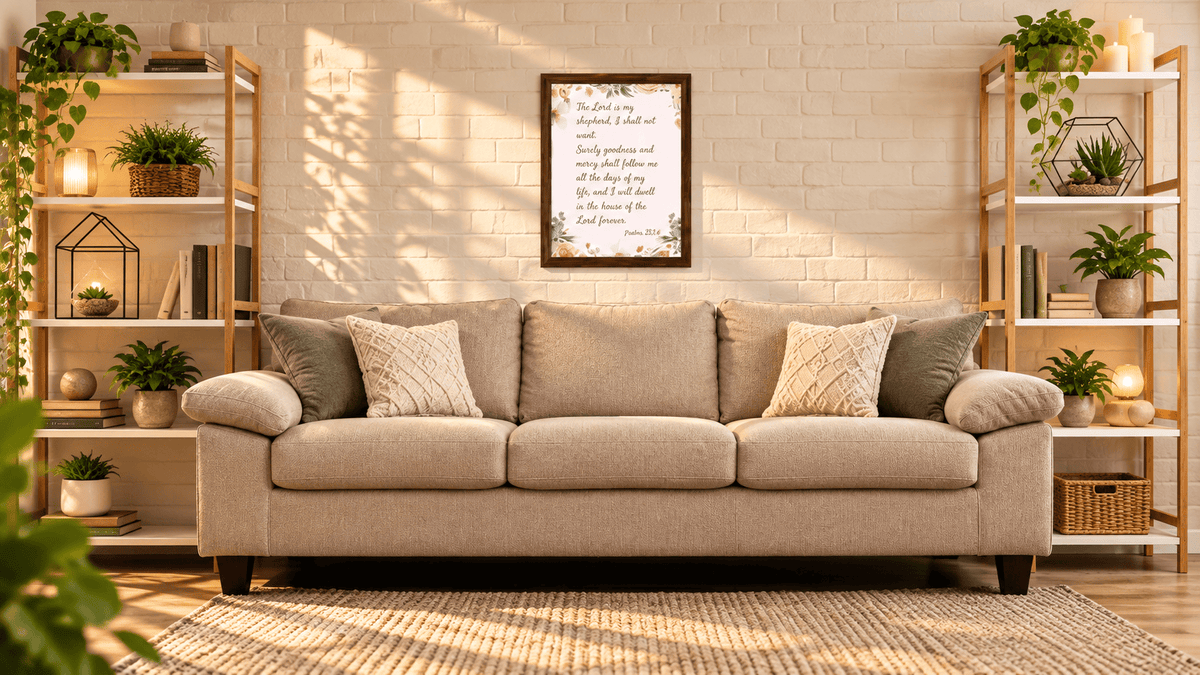 A beige fabric sofa with matching throw pillows in a styled living room setting, featuring a white brick wall, wooden shelving with plants, and a framed print on the wall.