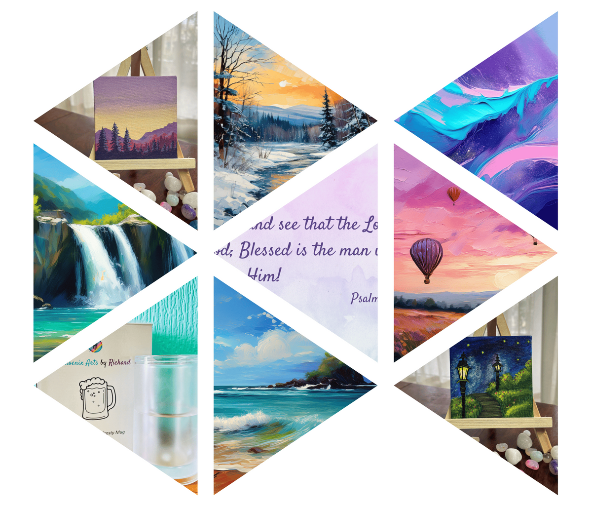 A collage of multiple colorful landscape and scenery photos arranged inside a geometric hexagonal frame on a plain white background.