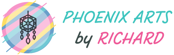 A logo-style graphic on a transparent background with the text 'PHOENIX ARTS by RICHARD' in teal and pink, alongside a circular multicolor emblem containing a dreamcatcher.