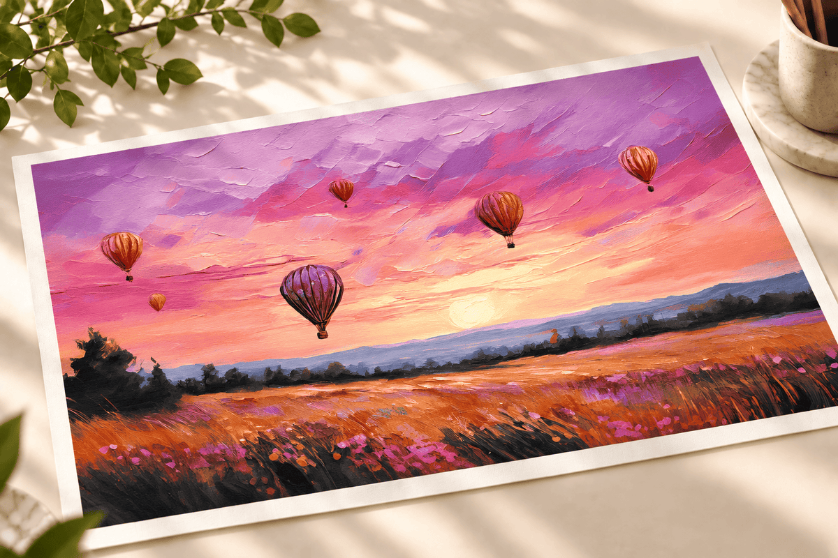 A colorful art print depicting a sunset landscape with hot air balloons, displayed on a light surface with soft shadows and decorative leaves in the corner.