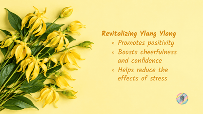 Yellow ylang ylang flowers arranged on the left side of a pale yellow background, next to orange text that reads 'Revitalizing Ylang Ylang' with bullet points about promoting positivity, boosting cheerfulness and confidence, and helping reduce stress. A small circular logo appears in the bottom right corner.