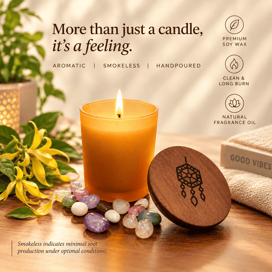 A lit amber glass candle with a wooden lid placed beside it on a wooden surface, surrounded by crystals, green leaves, and a folded beige towel. Text on the image reads 'More than just a candle, it's a feeling.
