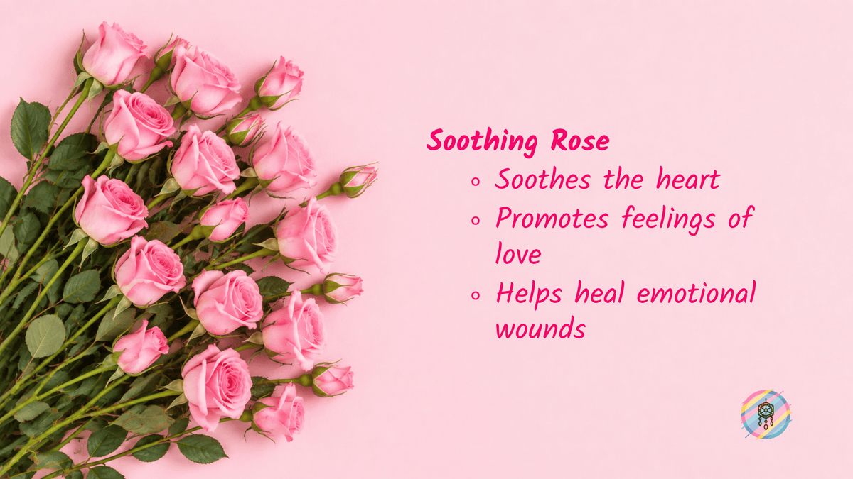 A flat-lay graphic featuring a bouquet of pink roses on the left and pink text on a light pink background reading 'Soothing Rose' with bullet points about soothing the heart, promoting feelings of love, and helping heal emotional wounds. A small circular logo appears in the bottom right corner.