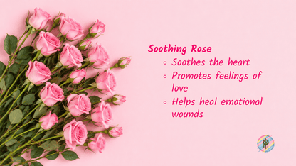 A flat-lay graphic featuring a bouquet of pink roses on the left and pink text on a light pink background reading 'Soothing Rose' with bullet points about soothing the heart, promoting feelings of love, and helping heal emotional wounds. A small circular logo appears in the bottom right corner.