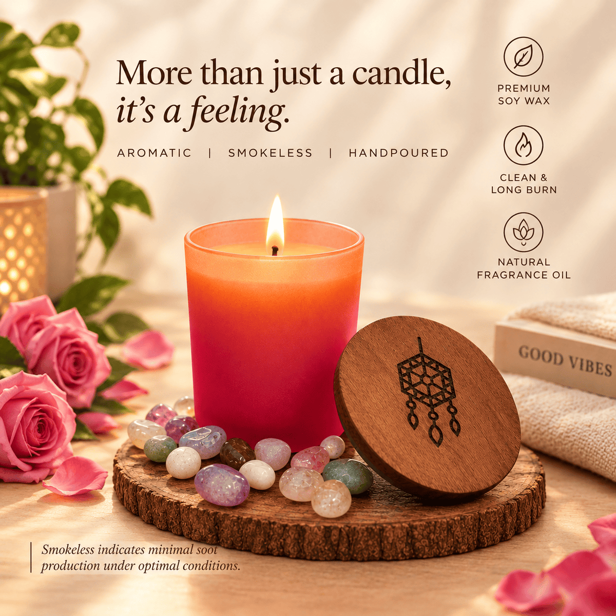 A lit handpoured soy wax candle in a translucent pink glass jar sits on a wooden slice coaster beside a round wooden lid engraved with a dreamcatcher design. Pink roses, crystals, and a linen cloth surround the candle in a warm, styled setting with text overlays highlighting premium soy wax, smokeless burn, and natural fragrance oil.