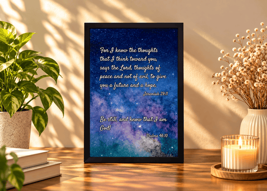 A framed Bible verse print featuring a blue and purple galaxy background with gold text, displayed on a wooden table in a warm, styled room setting with a plant, candle, and dried flowers.