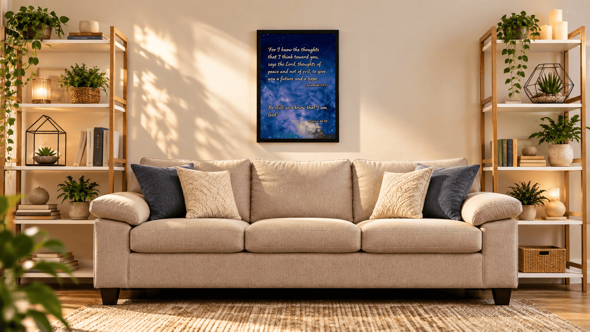 A framed wall art print with a blue night-sky design and white inspirational text hangs above a beige sofa in a styled living room with shelving, plants, and warm ambient lighting.
