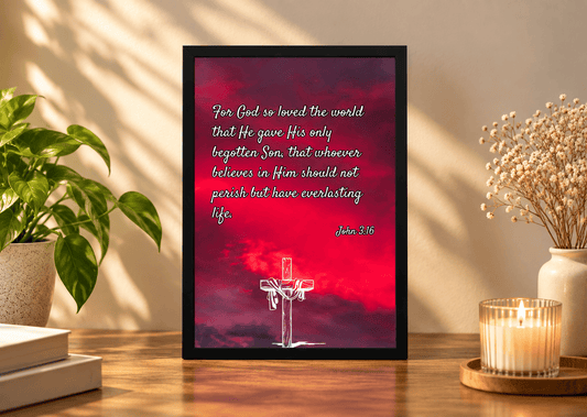 A framed wall art print featuring a red and pink sky background with a white cross and the Bible verse John 3:16, displayed on a wooden table in a styled room setting with a plant, candle, and dried flowers.
