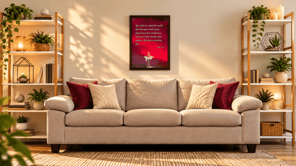A beige fabric sofa with red and cream throw pillows in a styled living room, featuring a framed red and black art print on the wall above it.