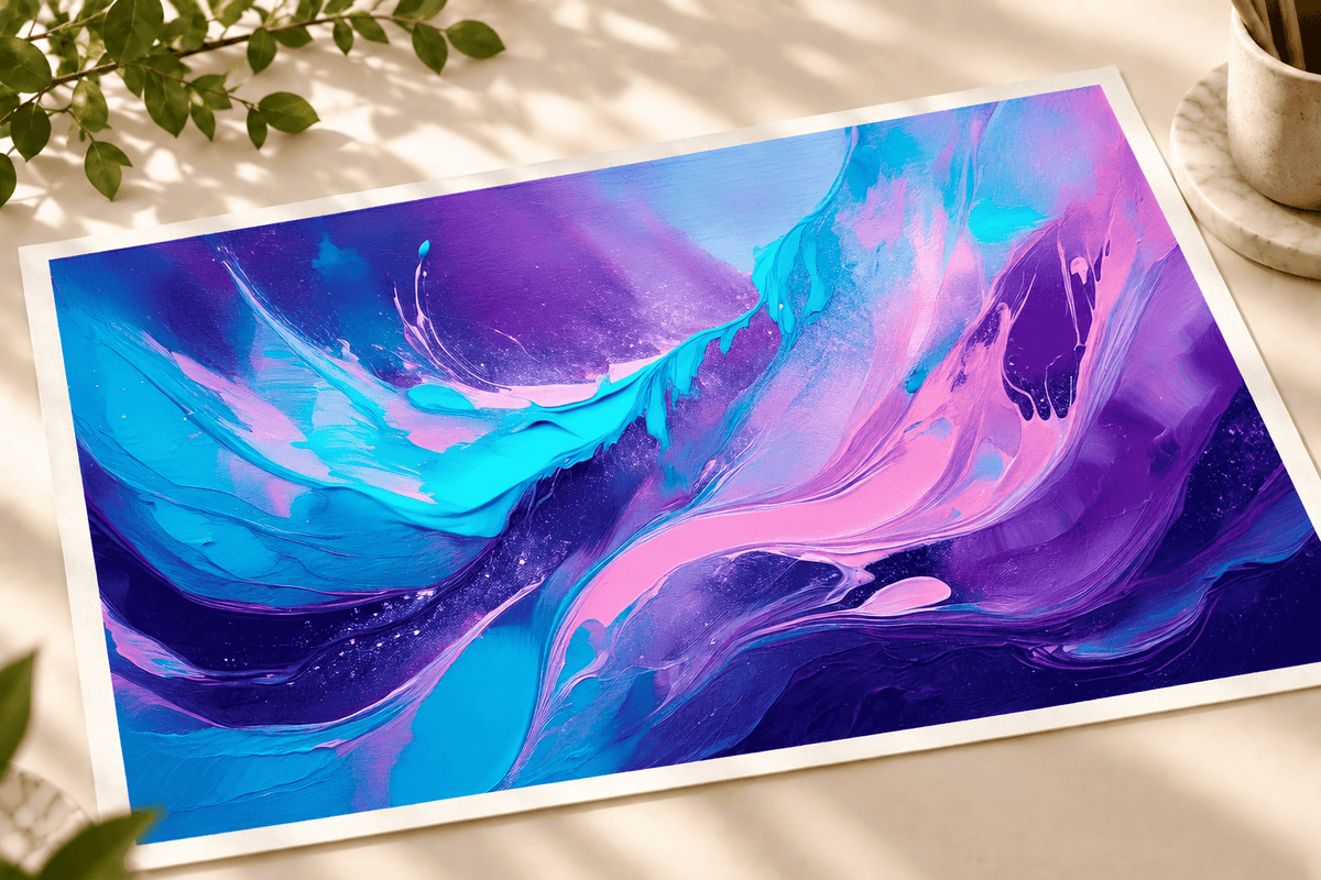 An abstract fluid art print featuring vibrant swirls of purple, blue, and pink, styled on a light beige surface with soft shadows and decorative green leaves.