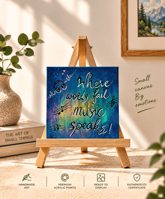 A square acrylic art canvas on a small wooden easel, featuring the quote 'Where words fail music speaks!' in white script over a blue, green, and yellow abstract background. The scene is styled in a warm, sunlit room with a potted plant, books, and framed art in the background, with feature icons along the bottom.