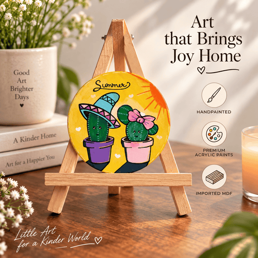 A round hand-painted acrylic art piece displayed on a small wooden easel. The artwork features two cacti in colorful pots against a bright yellow sun and sky.