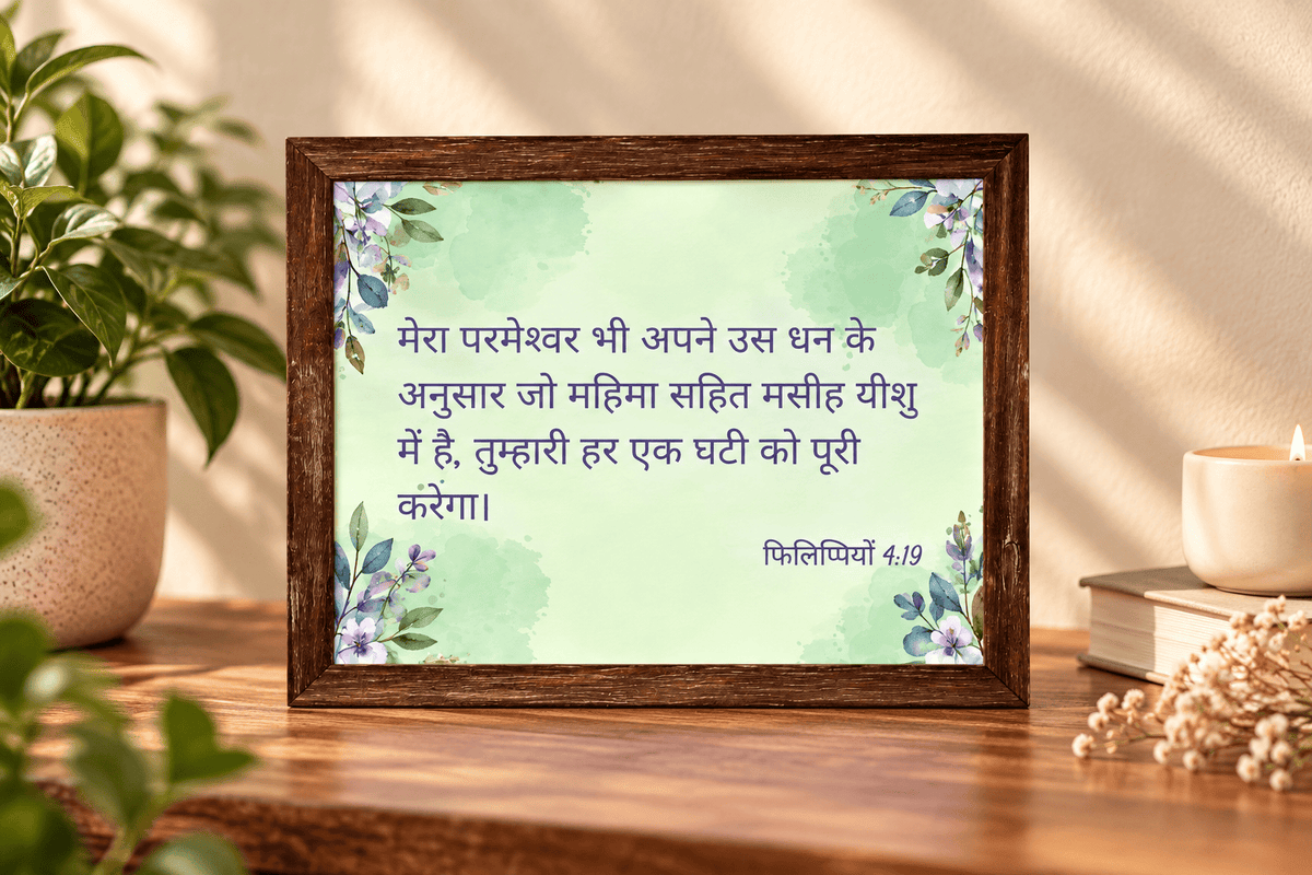 A framed Hindi scripture print with a light green watercolor background and floral corner accents, displayed on a wooden table with a potted plant, candle, and dried flowers in a warm indoor setting.