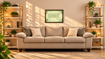 A beige fabric sofa with patterned throw pillows in a styled living room, flanked by wooden shelving with plants and decor, against a white brick wall with a framed print.