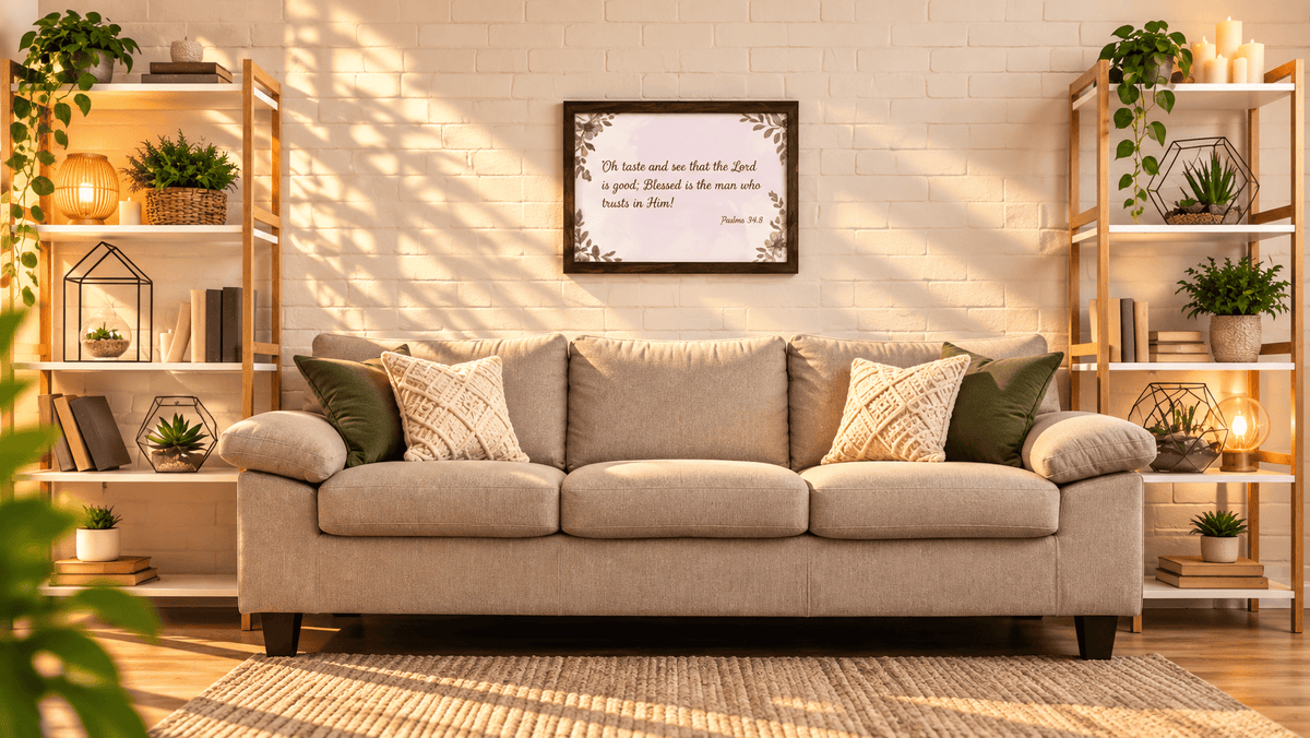 A beige fabric sofa in a styled living room with a white brick wall, wooden shelving, plants, and a framed quote on the wall.
