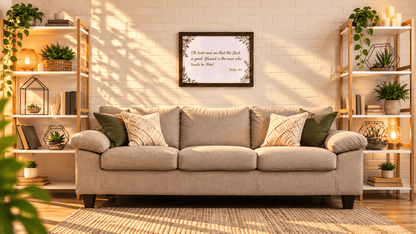 A beige fabric sofa in a styled living room with a white brick wall, wooden shelving, plants, and a framed quote on the wall.