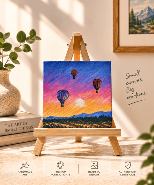 A small square canvas painting on a wooden easel, showing colorful hot air balloons over a landscape at sunset. The scene is styled in a warm, sunlit room with books, a plant, and framed wall art in the background.