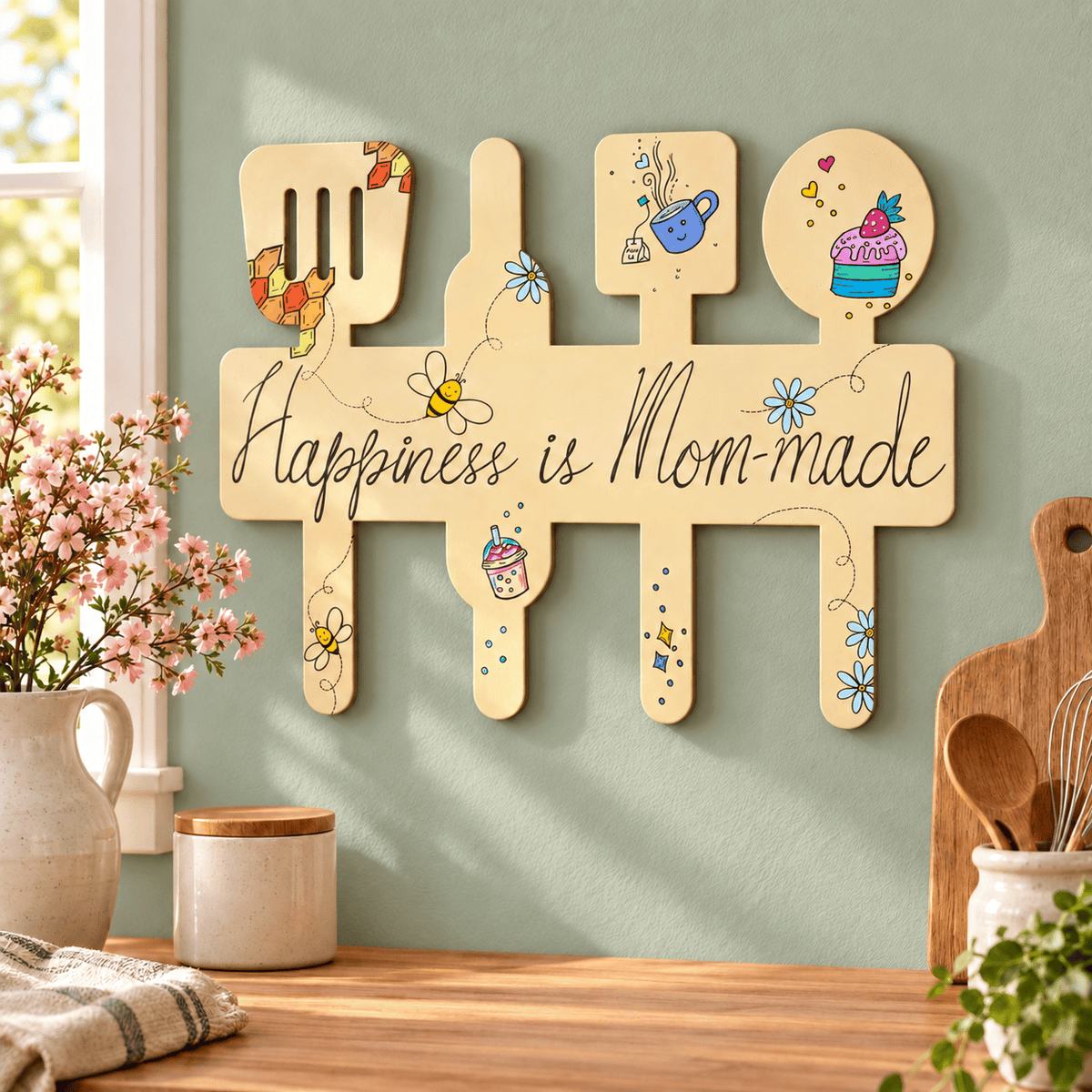 A decorative wooden kitchen utensil wall sign with the phrase “Happiness is Mom-made” in black script, shown hanging on a pale green wall above a wooden countertop. The sign is shaped like cooking and baking tools and is decorated with small colorful illustrations including flowers, a bee, cupcakes, and autumn leaves.