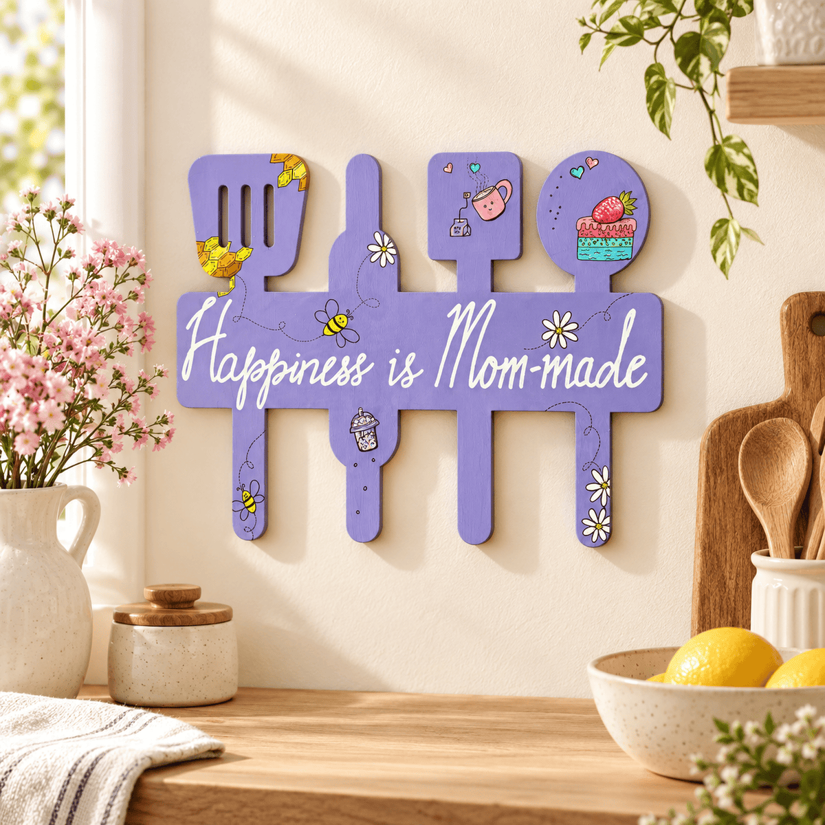 A decorative kitchen wall sign shaped like utensils, painted lavender purple with white script reading “Happiness is Mom-made,” and small colorful doodles, displayed on a beige wall above a wooden countertop with flowers, lemons, and kitchen items.