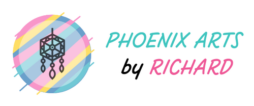 A logo on a white background featuring a colorful circular graphic with a dreamcatcher motif and the text 'PHOENIX ARTS by RICHARD' in teal, black, and pink.
