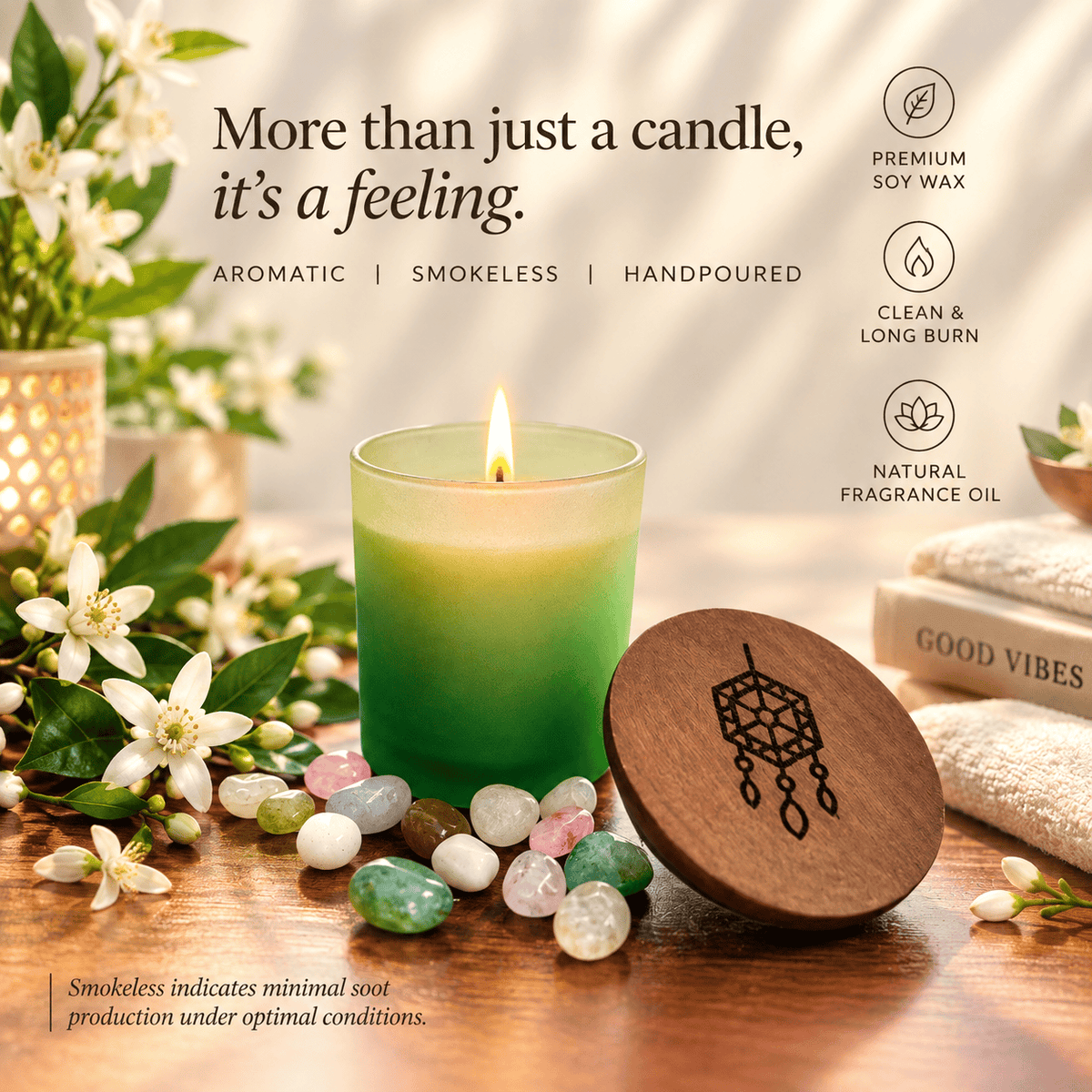 A green-to-yellow gradient soy candle in a clear glass jar with a lit flame, shown on a wooden surface with white flowers, polished stones, a wooden lid engraved with a hanging dreamcatcher design, and soft home-textile props in the background. Text on the image highlights premium soy wax, smokeless burn, and natural fragrance oil.
