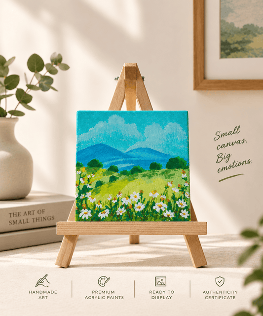 A small square acrylic landscape painting on a wooden easel, showing a green field with white flowers, blue mountains, and a bright sky. The scene is styled in a warm, sunlit room with decorative books, a vase, and framed wall art in the background.